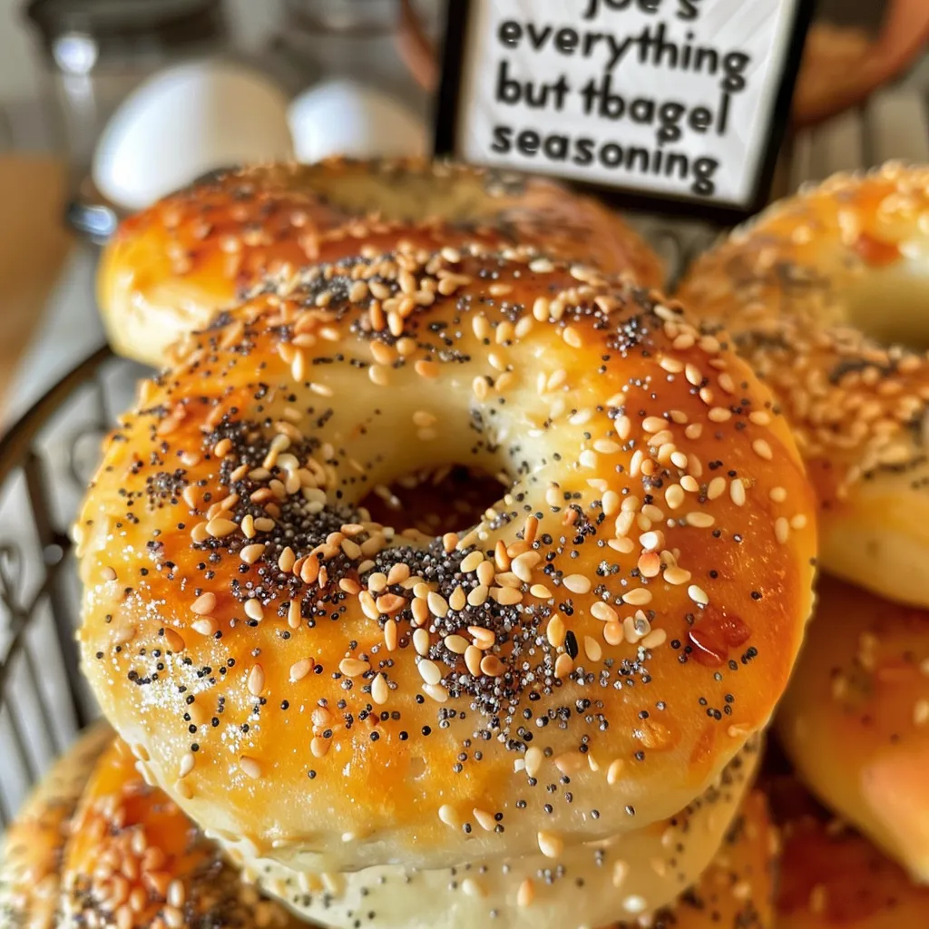 Four delicious, homemade everything bagels on a blue plate.