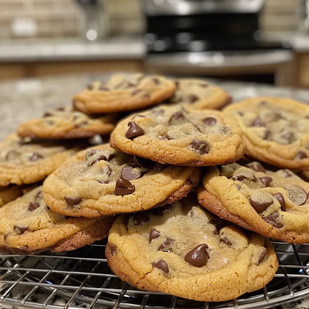 Stack of three award-winning soft chocolate chip cookies on parchment paper.