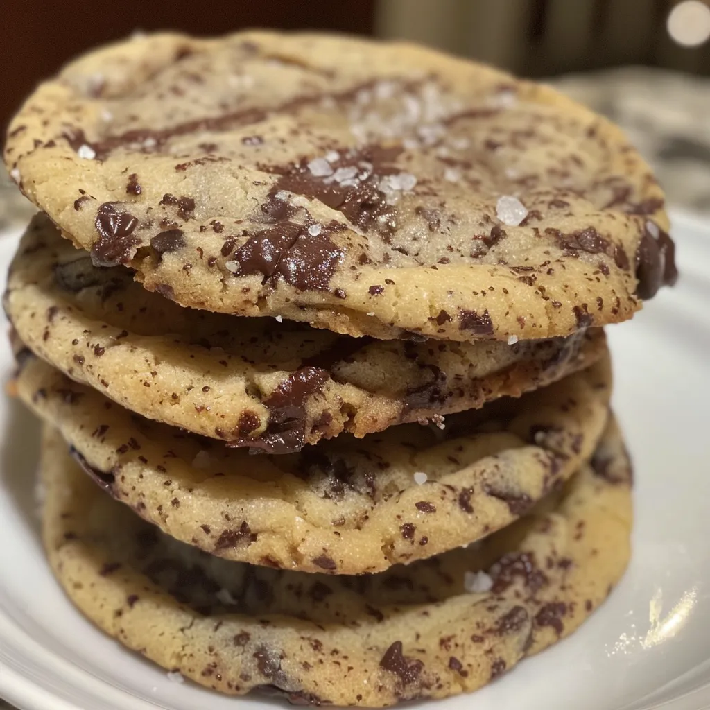A close-up shot of a stack of bakery-style chocolate chip cookies.