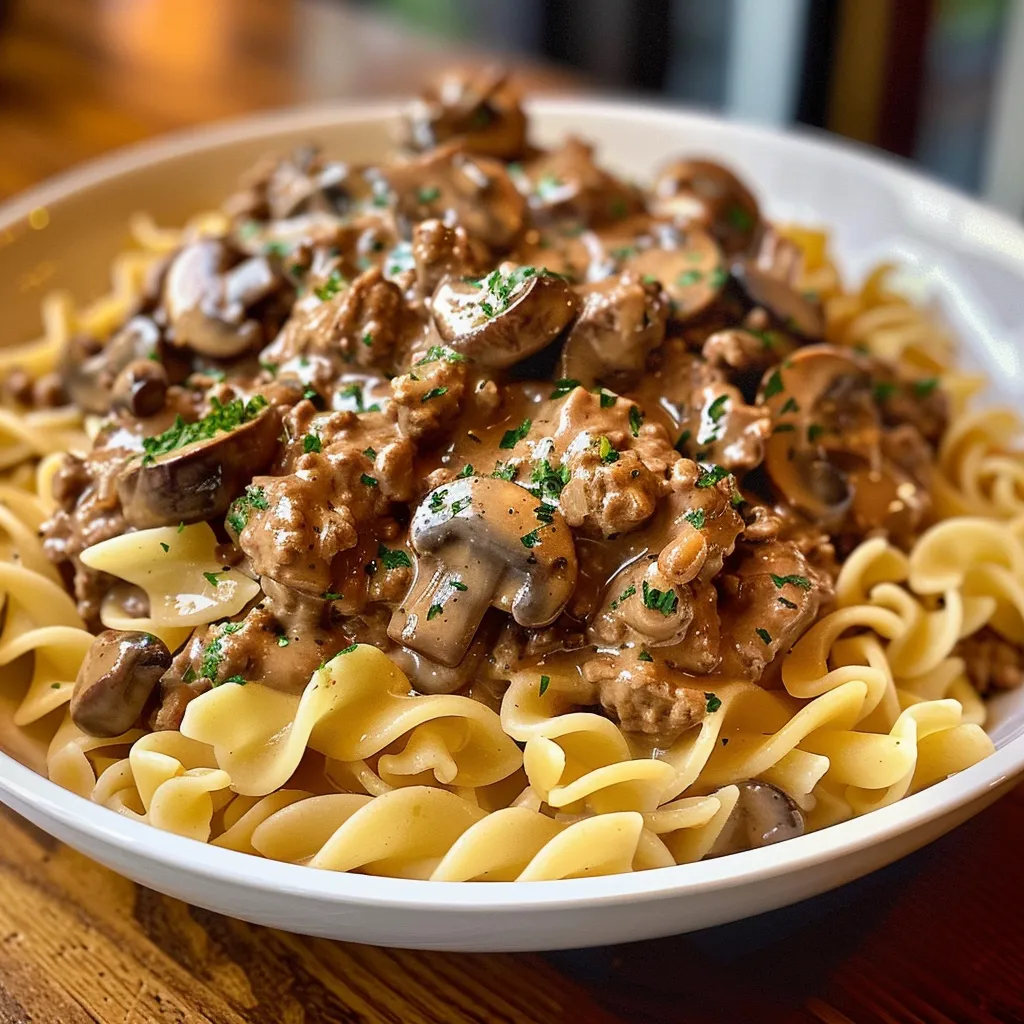 Close-up of a skillet of Beef Stroganoff, a creamy mushroom and beef dish served over egg noodles.