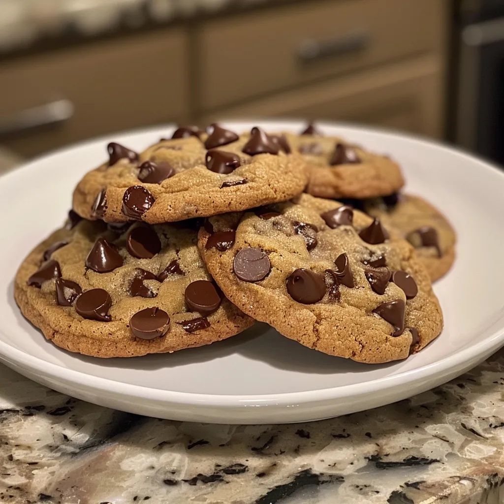 Stack of four large, gooey chocolate chip cookies.