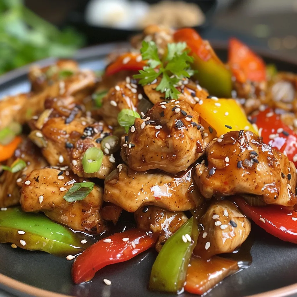 A wok of black pepper chicken with bell peppers and onions.