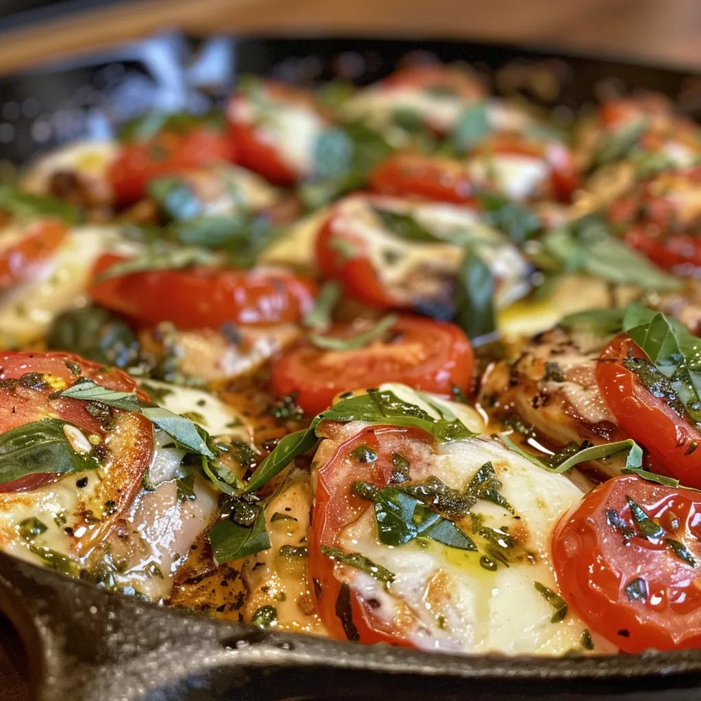 Close-up of a skillet of Caprese chicken with grilled chicken breasts, fresh mozzarella, cherry tomatoes, and basil.