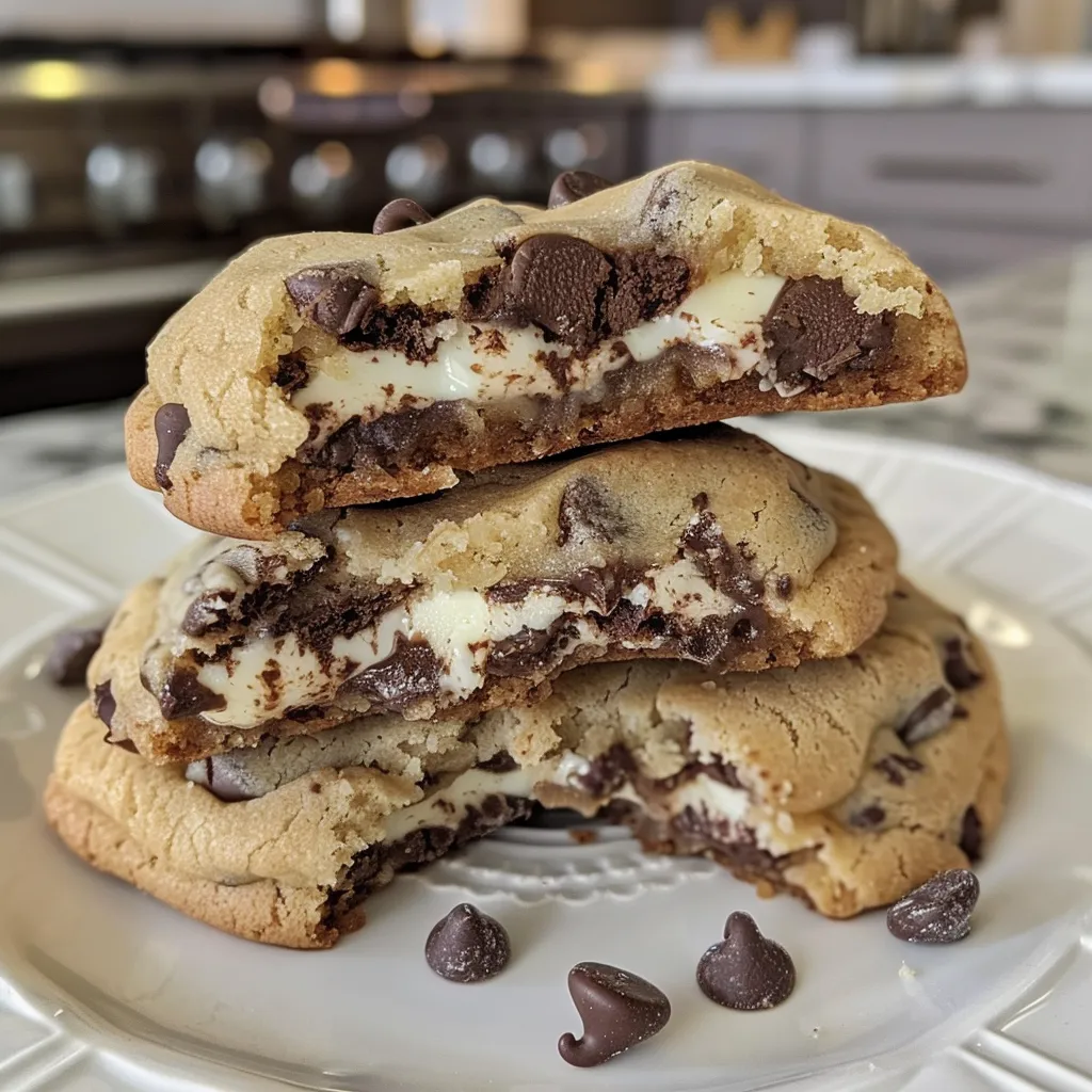 Close-up of a stack of chocolate chip cookies, one broken to reveal a cheesecake filling.