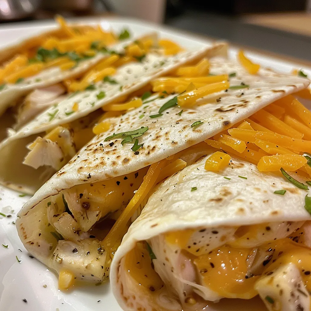 Close-up of a cheesy garlic chicken wrap, showing melted cheese and browned tortilla.