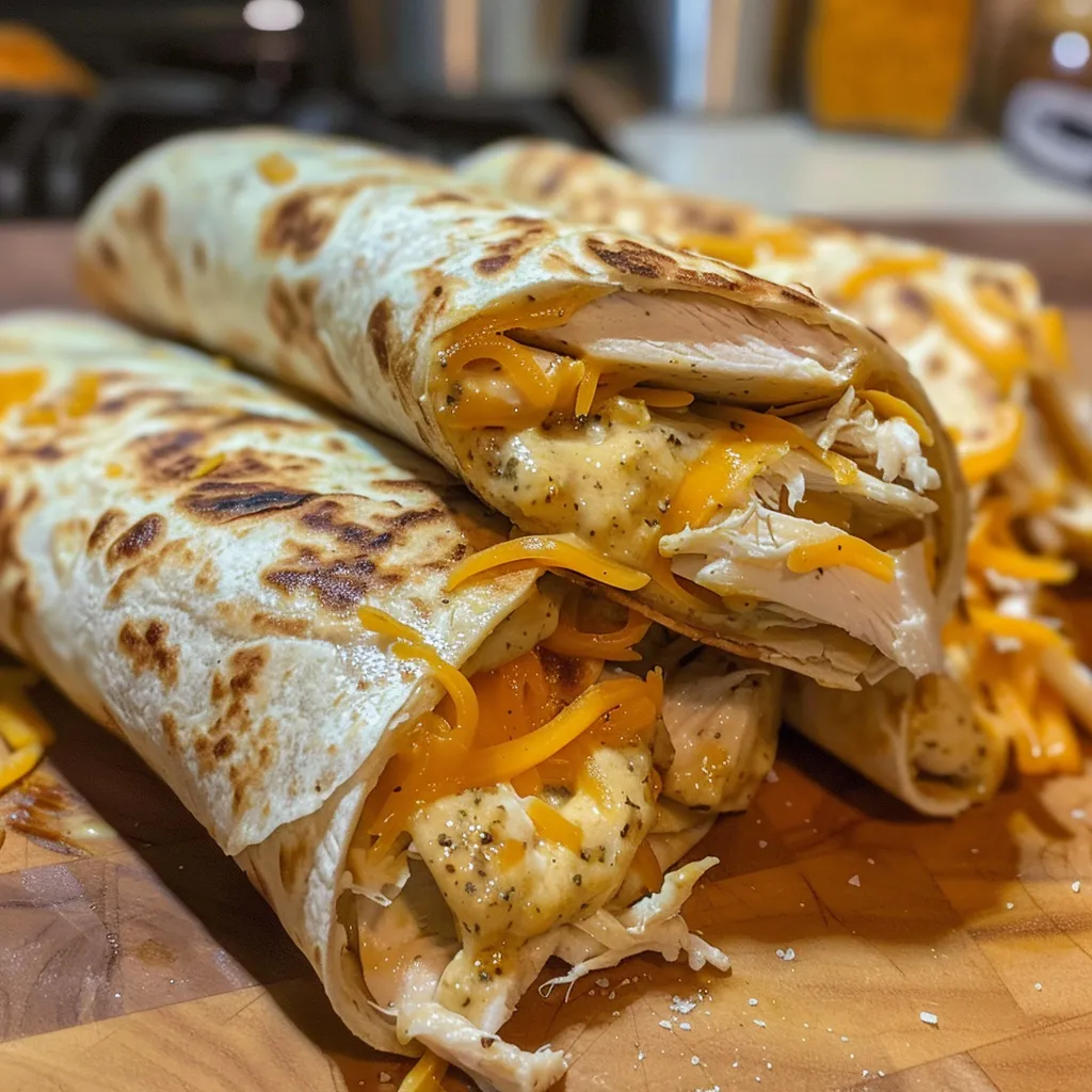 Close-up of a cheesy garlic chicken wrap with melted cheese and parsley.