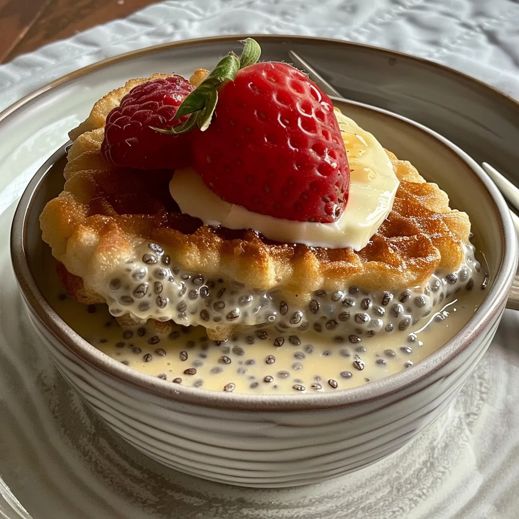 Crispy fried chicken breast on top of a waffle, drizzled with syrup.