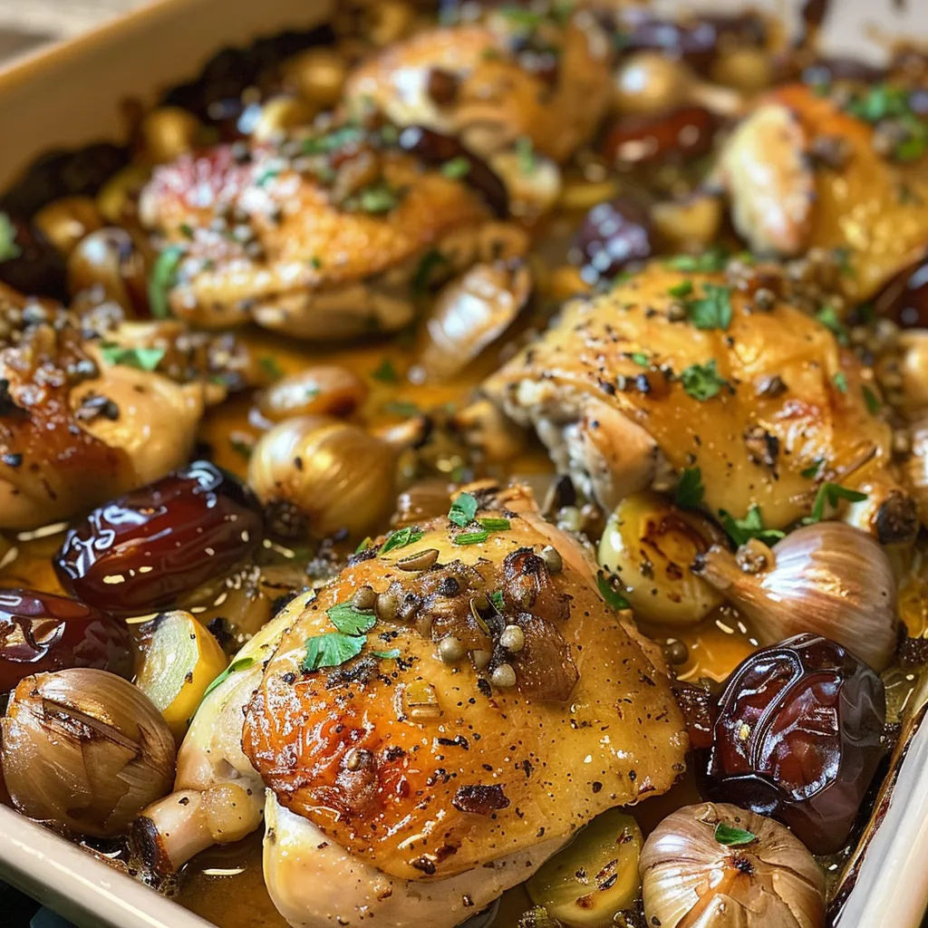 A bowl of chicken and date pasta casserole, garnished with fresh basil.