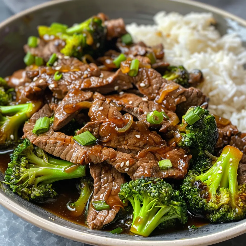 A plate of Chinese beef and broccoli served over rice.