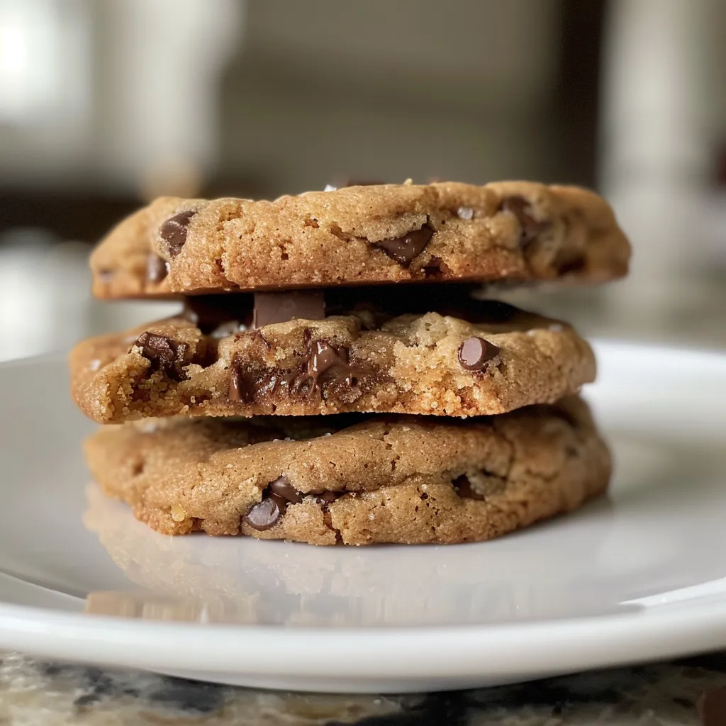 A close-up shot of a plate of freshly baked chocolate chip cookies, with some cookies and chocolate pieces scattered on a wooden surface.