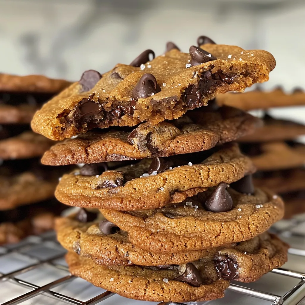 Close-up of several golden-brown chocolate chip cookies with sea salt on a cooling rack.
