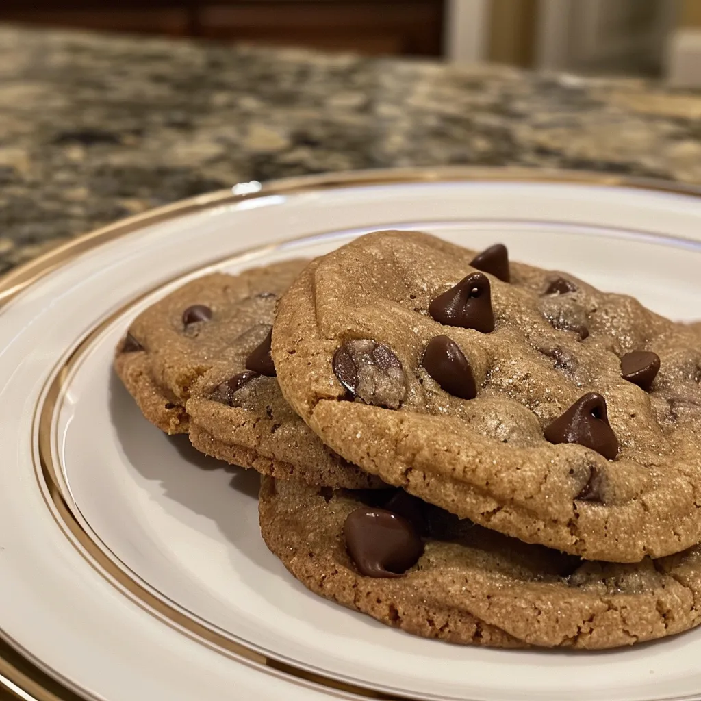 Close-up of three classic chewy chocolate chip cookies on a white plate.