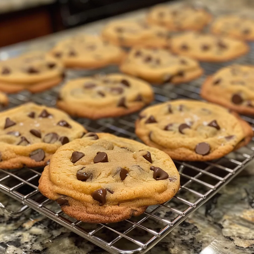 A stack of four classic chocolate chip cookies, broken in half to reveal melty chocolate chips inside.
