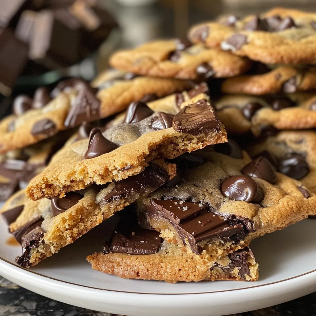 Close-up of a stack of classic chocolate chip cookies on a dark blue plate.