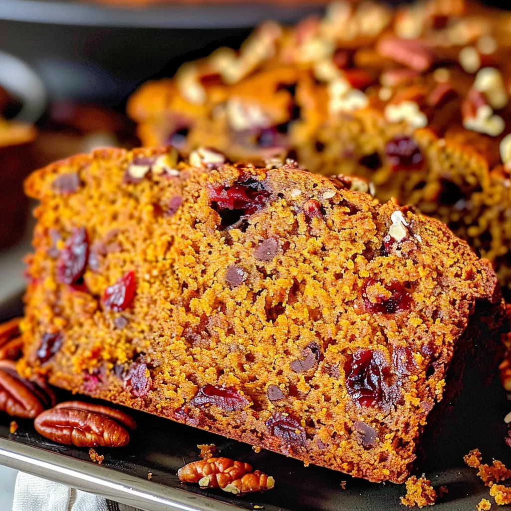Slices of moist cranberry pecan pumpkin bread, showing the texture and ingredients.