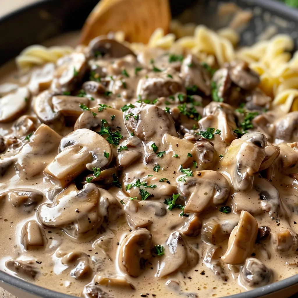 Creamy beef stroganoff with mushrooms and egg noodles in a skillet.