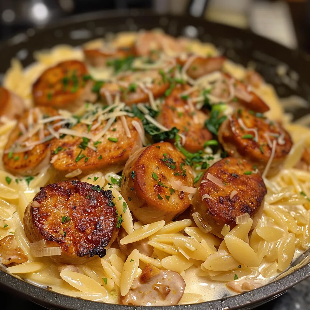Creamy chicken sausage orzo pasta in a bowl.