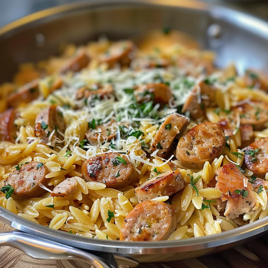 Creamy chicken sausage orzo pasta in a bowl.