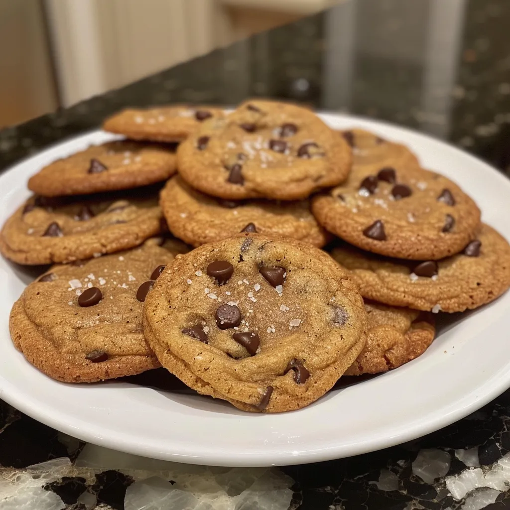 A delicious, crispy, and chewy chocolate chip cookie with a bite taken out, sprinkled with sea salt.