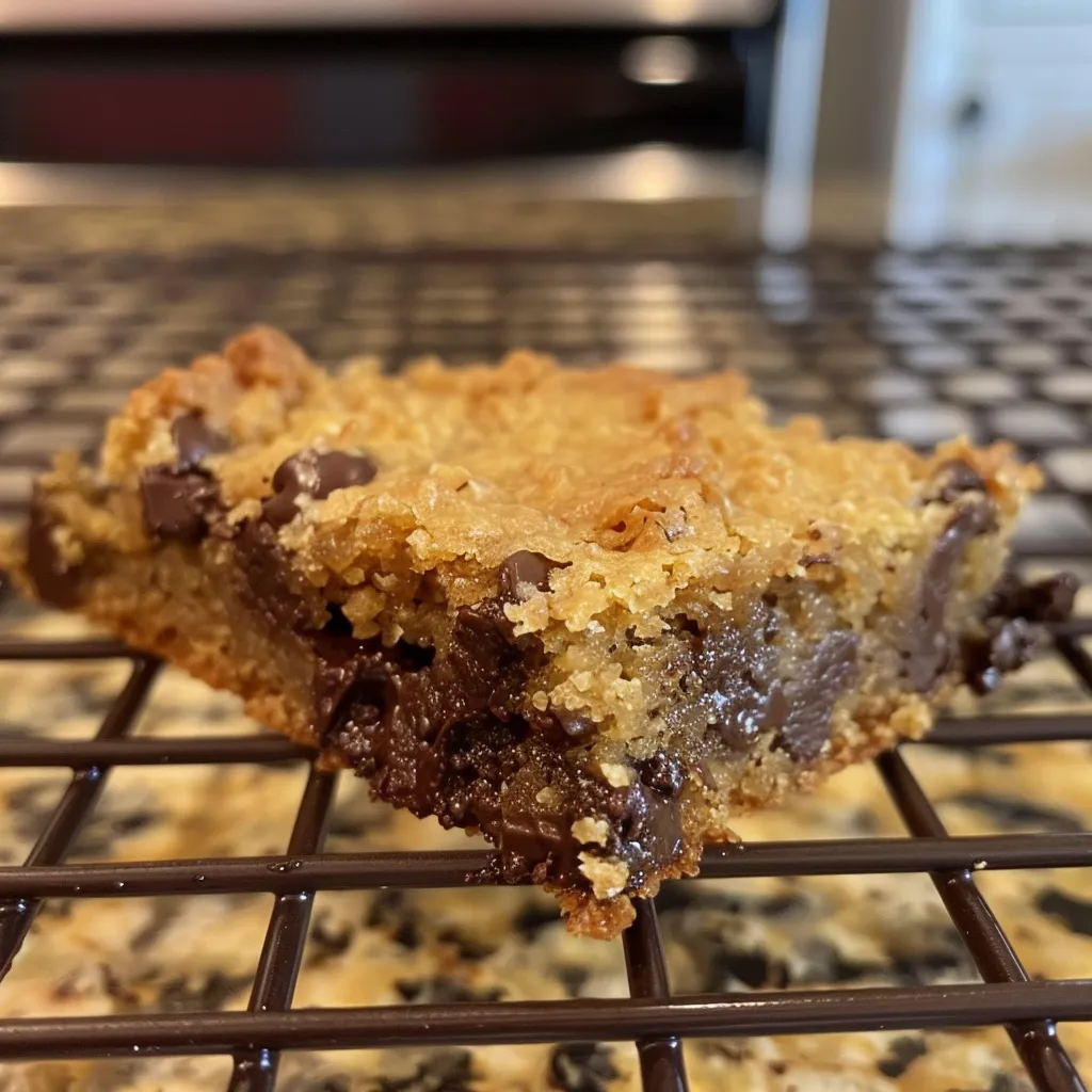Close-up of three warm, gooey chocolate chip cookies on a baking sheet.