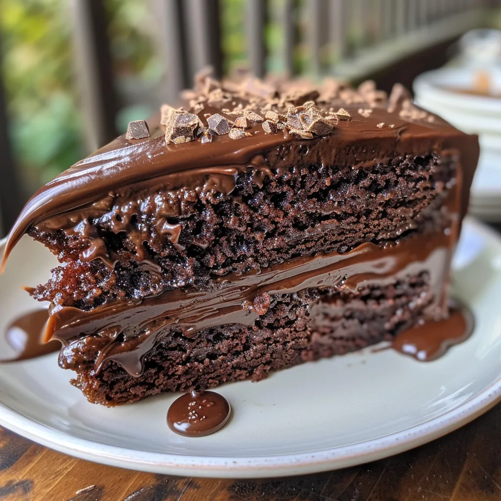 Decadent chocolate cake with a slice removed, showing rich chocolate layers and frosting.