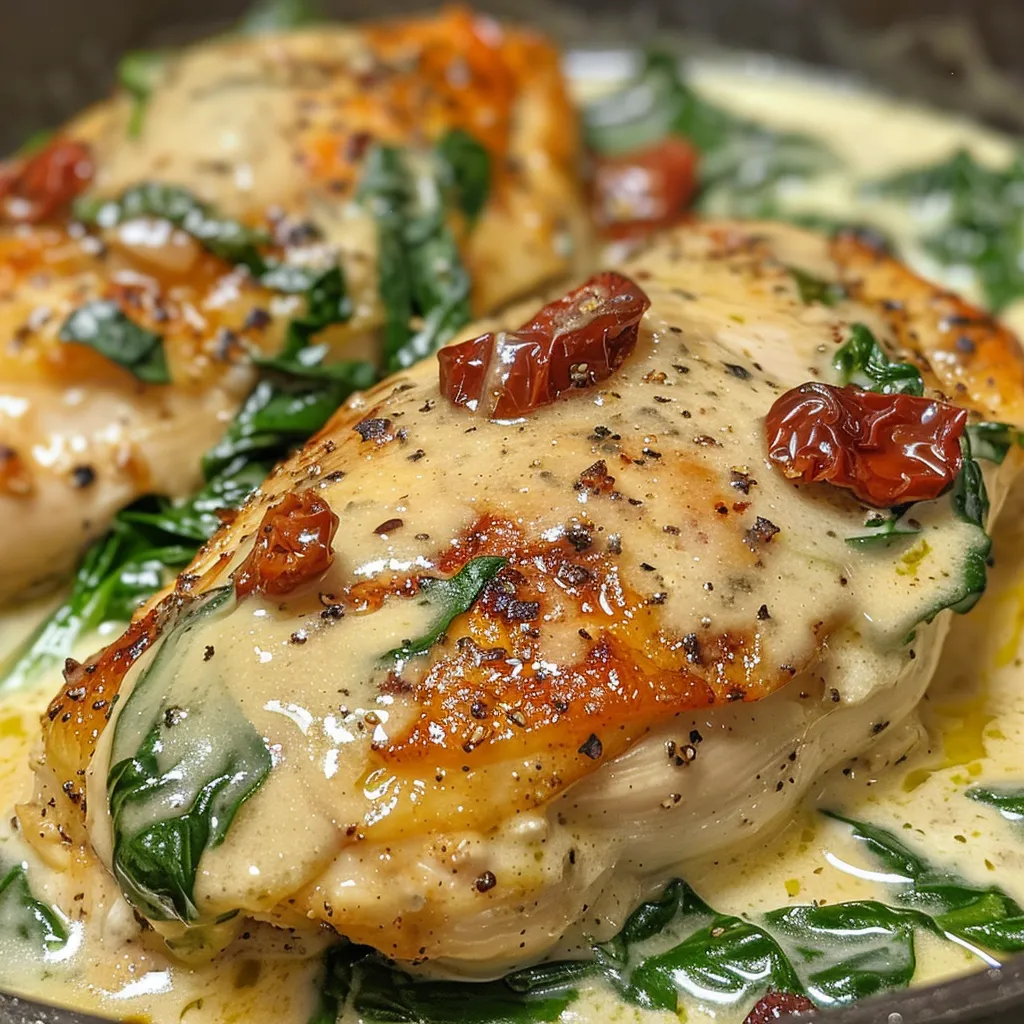 Baked chicken breast topped with creamy spinach and tomato sauce, served with potato wedges.