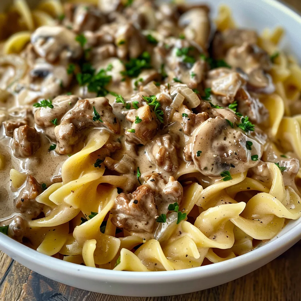 Close-up of a skillet filled with creamy beef stroganoff, featuring egg noodles and ground beef in a rich sauce.