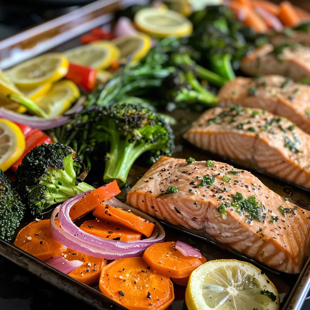 Two seasoned salmon fillets baked on a sheet pan with roasted carrots, zucchini, and red onions.
