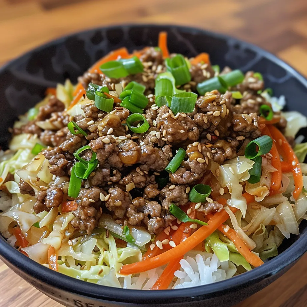 A bowl of egg roll in a bowl, a savory dish with ground beef, cabbage, carrots, and green onions.