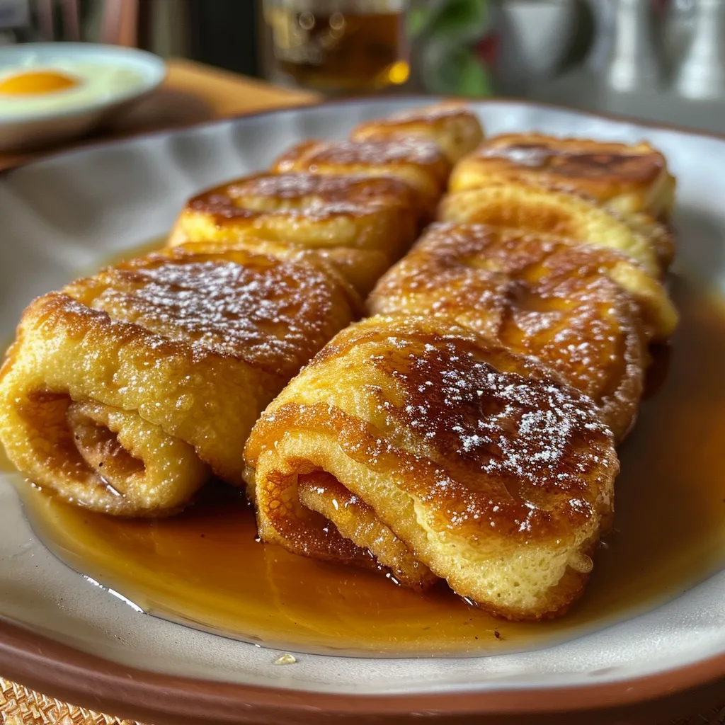 A plate of cinnamon-sugar coated French toast roll-ups with a small bowl of syrup.