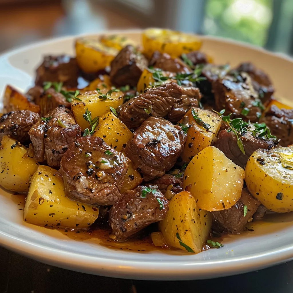 Close-up of savory garlic butter beef bites and roasted potatoes, garnished with parsley.