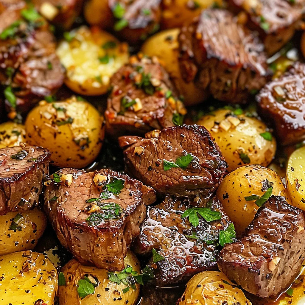 Close-up of tender and crispy garlic butter steak bites served with roasted potatoes.