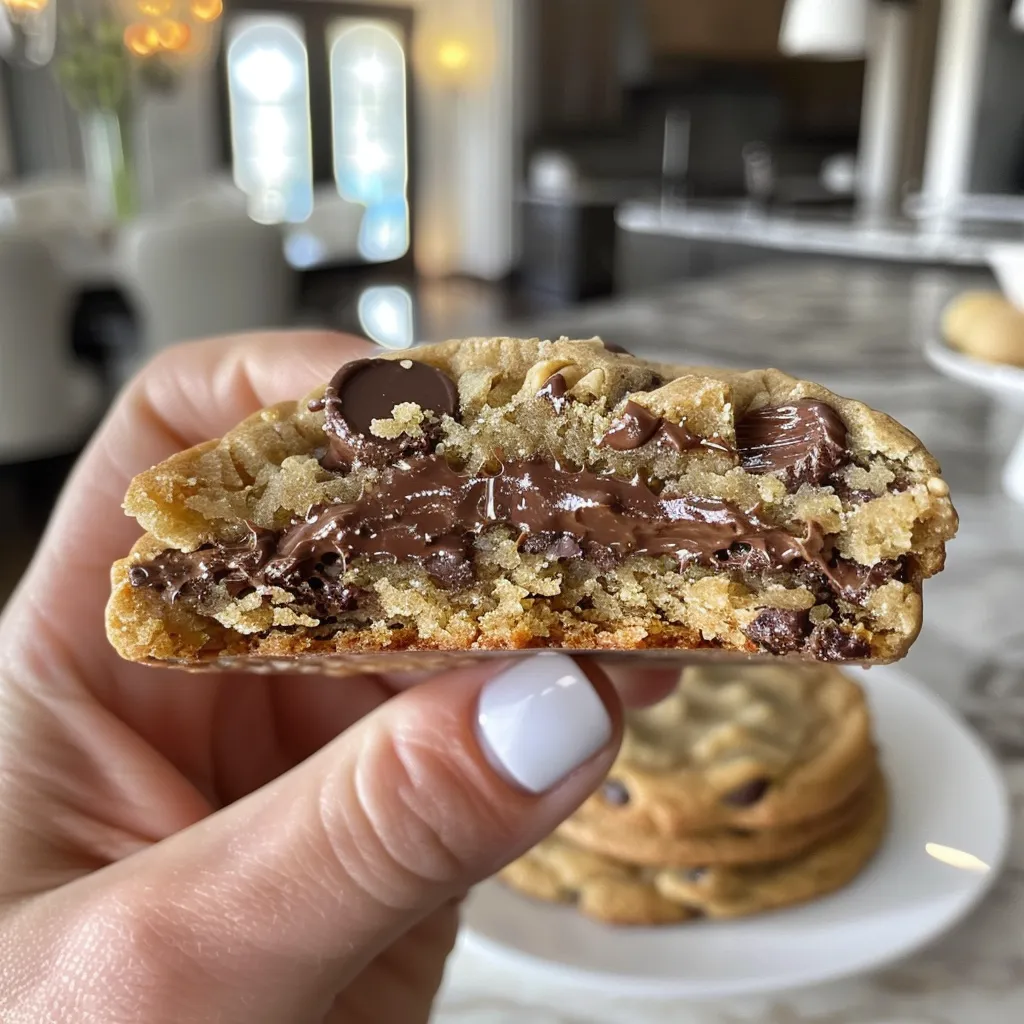 A stack of four giant, gooey chocolate chip walnut cookies on a cooling rack.