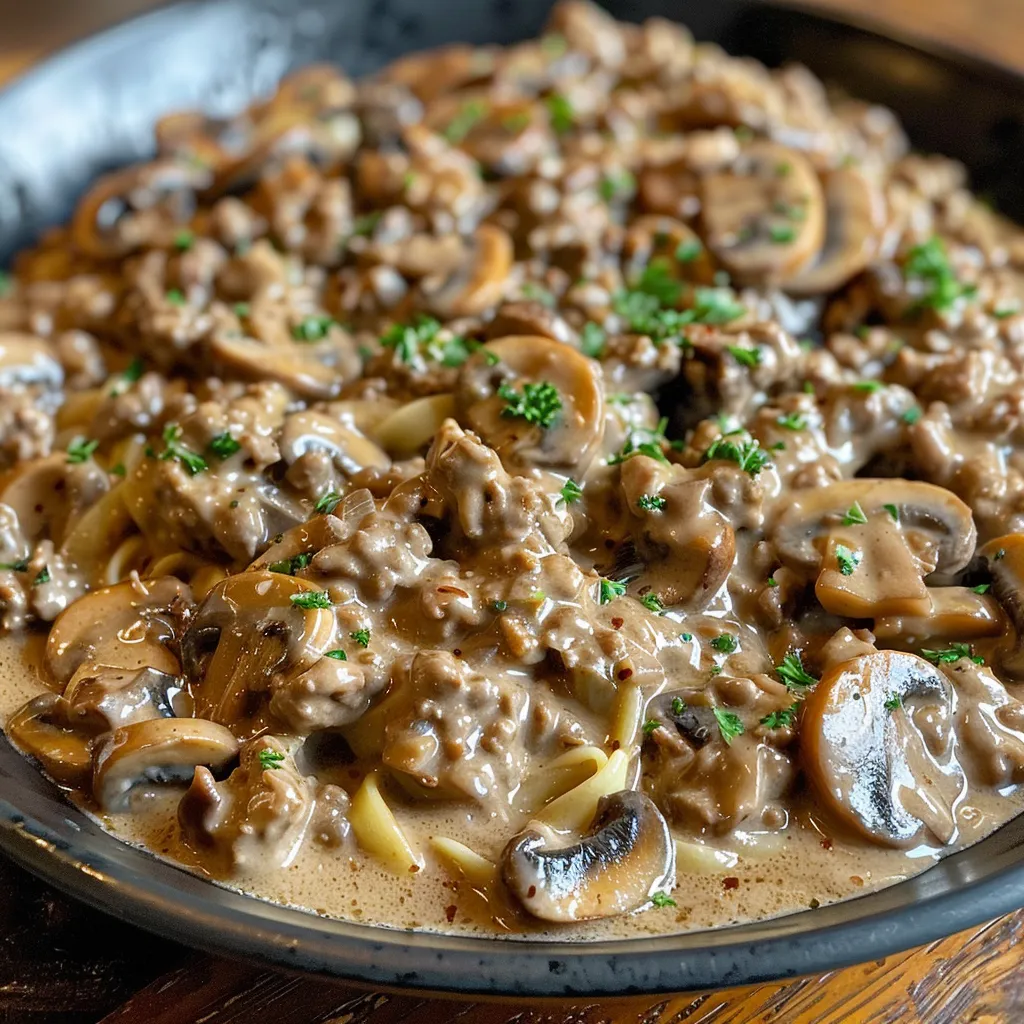 Close-up of creamy ground beef stroganoff served over egg noodles, garnished with parsley.