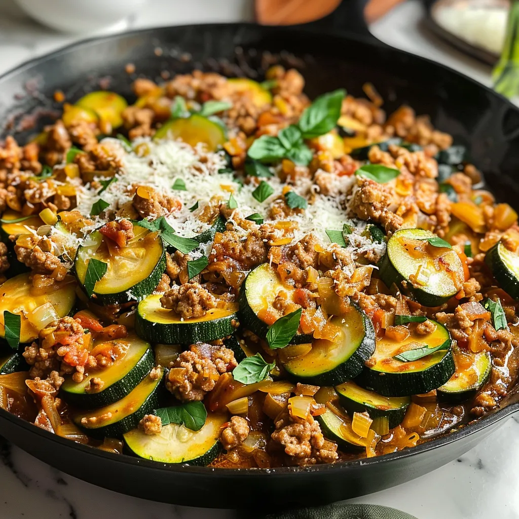 Overhead close-up of a skillet filled with ground turkey and zucchini, topped with fresh parsley.