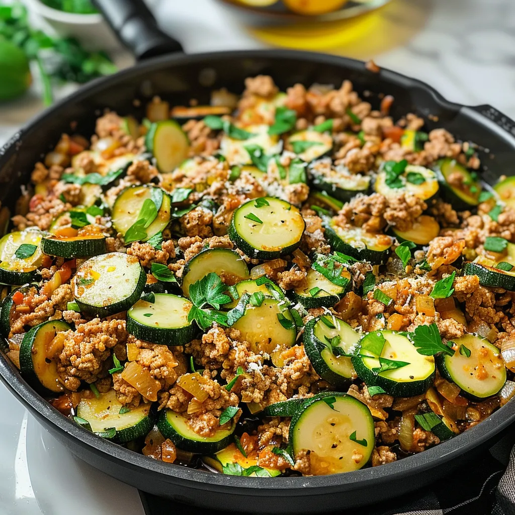 Ground turkey and zucchini skillet with fresh parsley.