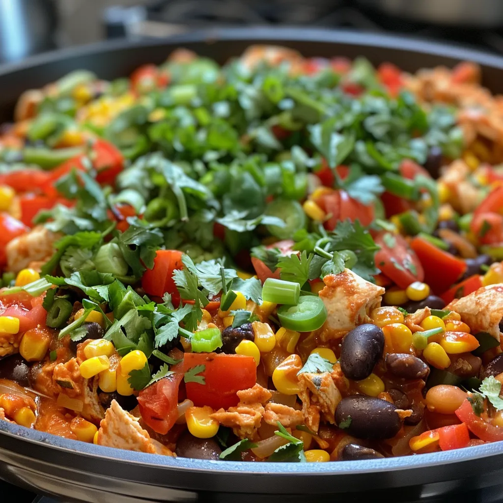 Close-up of a skillet of cheesy chicken enchiladas topped with cilantro.