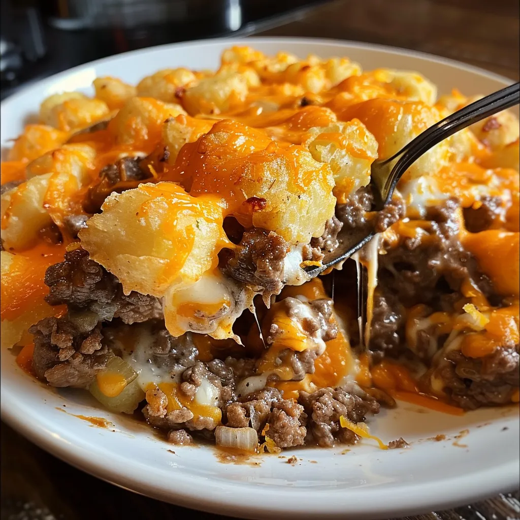 A serving of cheesy ground beef tater tot casserole on a white plate.