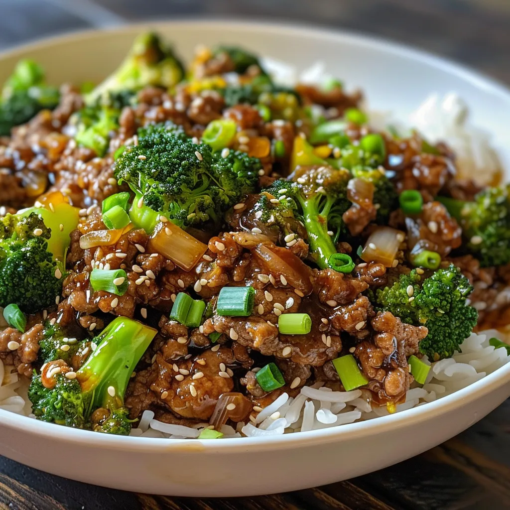 Delicious honey garlic ground beef and broccoli stir-fry served over rice.