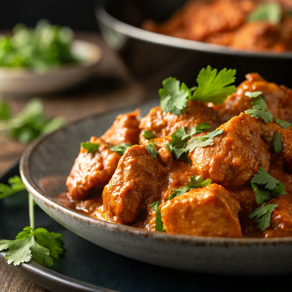 A bowl of creamy butter chicken with rice and naan bread.