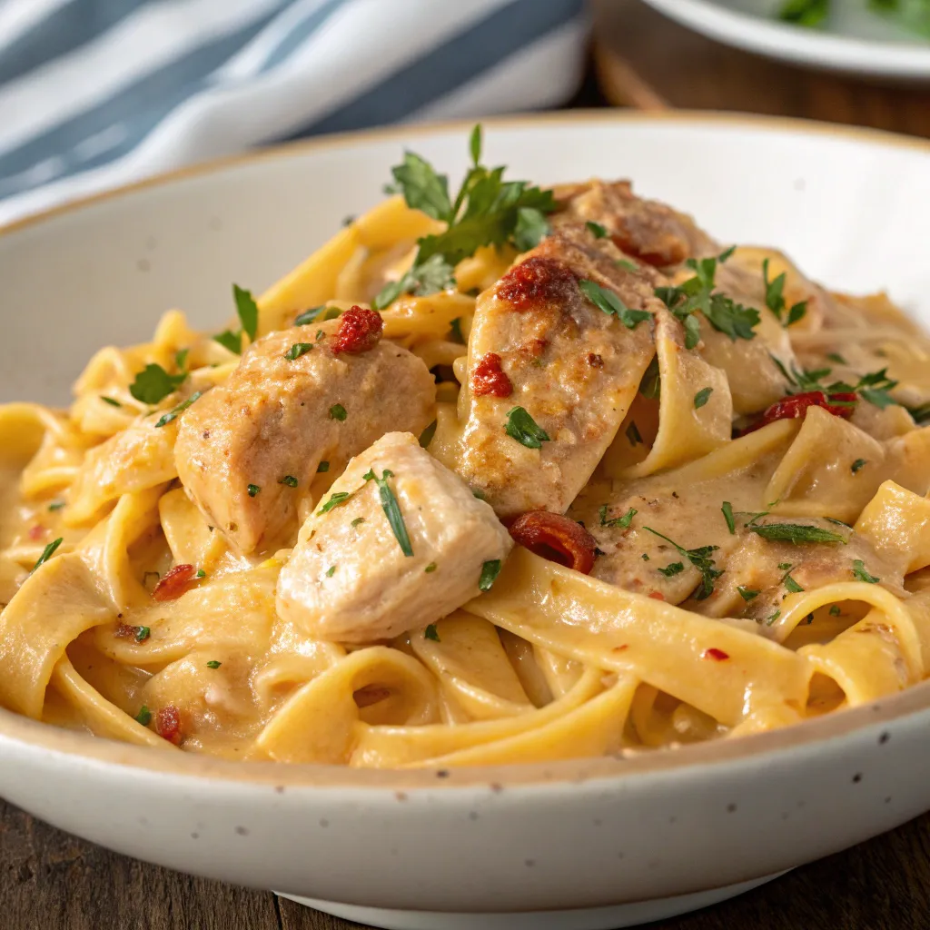 Creamy Cajun chicken pasta in a black skillet, garnished with parsley.