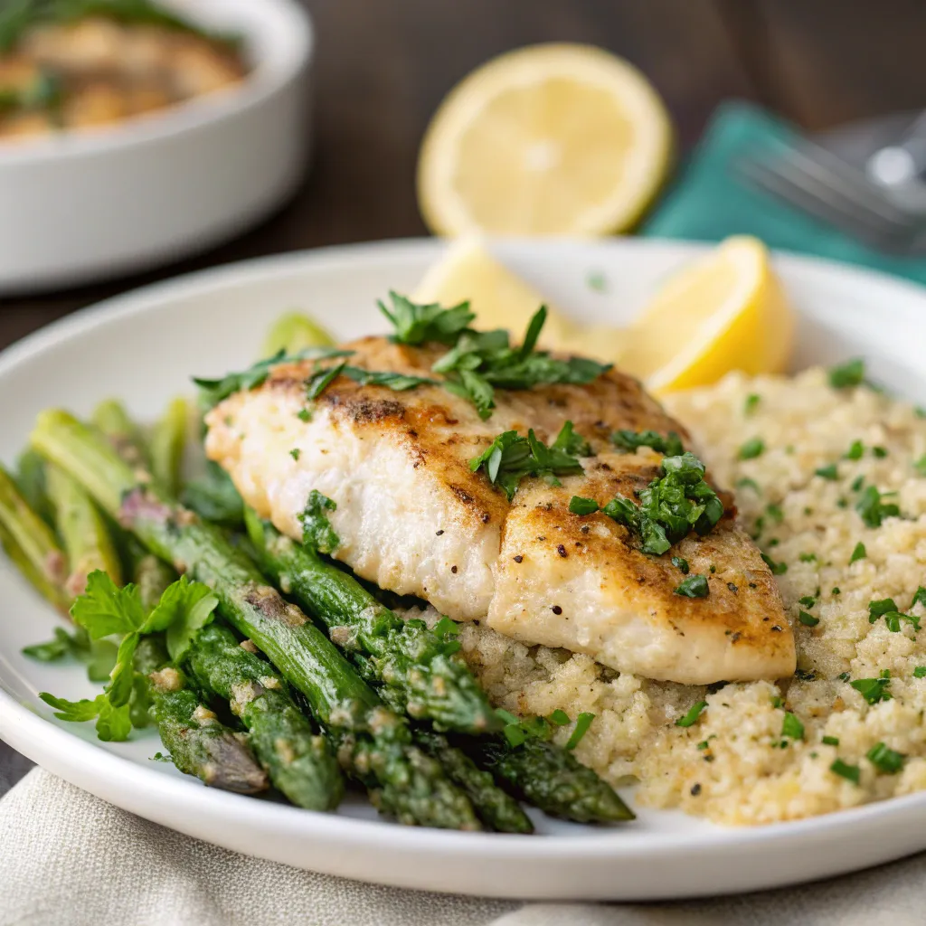 A spread of various healthy and delicious meal-prepped dishes, including lemon herb chicken, roasted potatoes, asparagus, and quinoa.