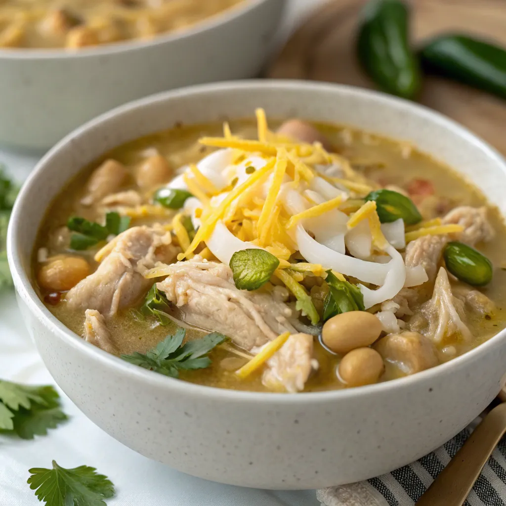 Close-up of a bowl of creamy white chicken chili topped with shredded cheese, tortilla strips, and parsley.
