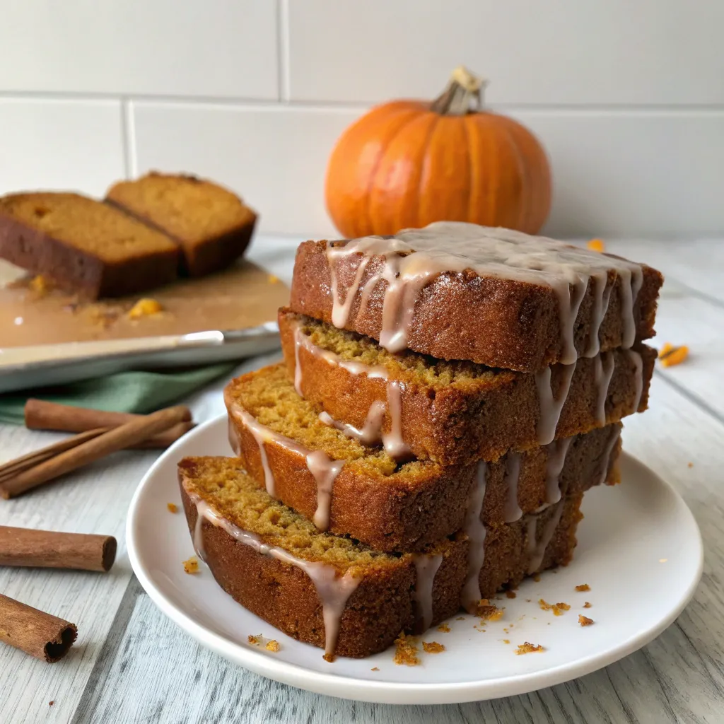 Slices of pumpkin bread with a maple glaze and crumble topping, stacked on a wire rack.