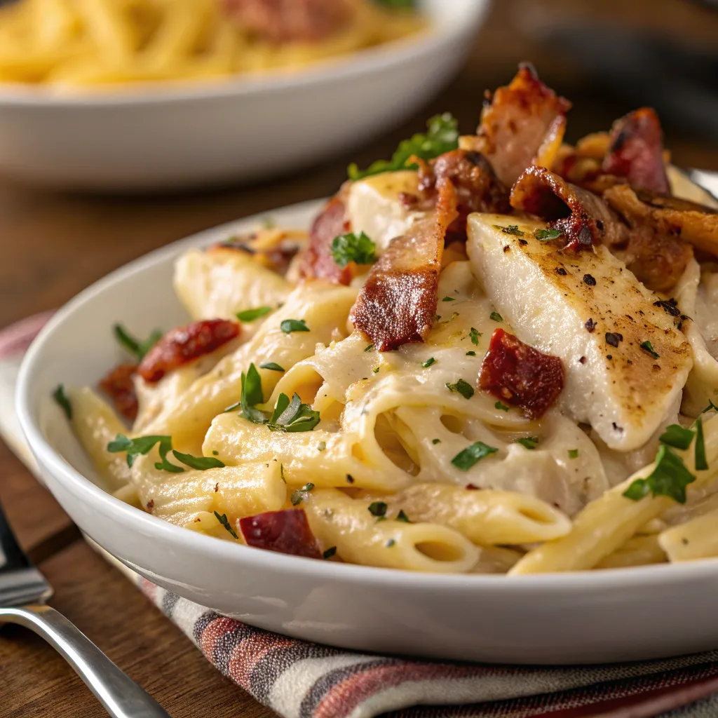 Close-up of creamy chicken bacon ranch pasta in a skillet.