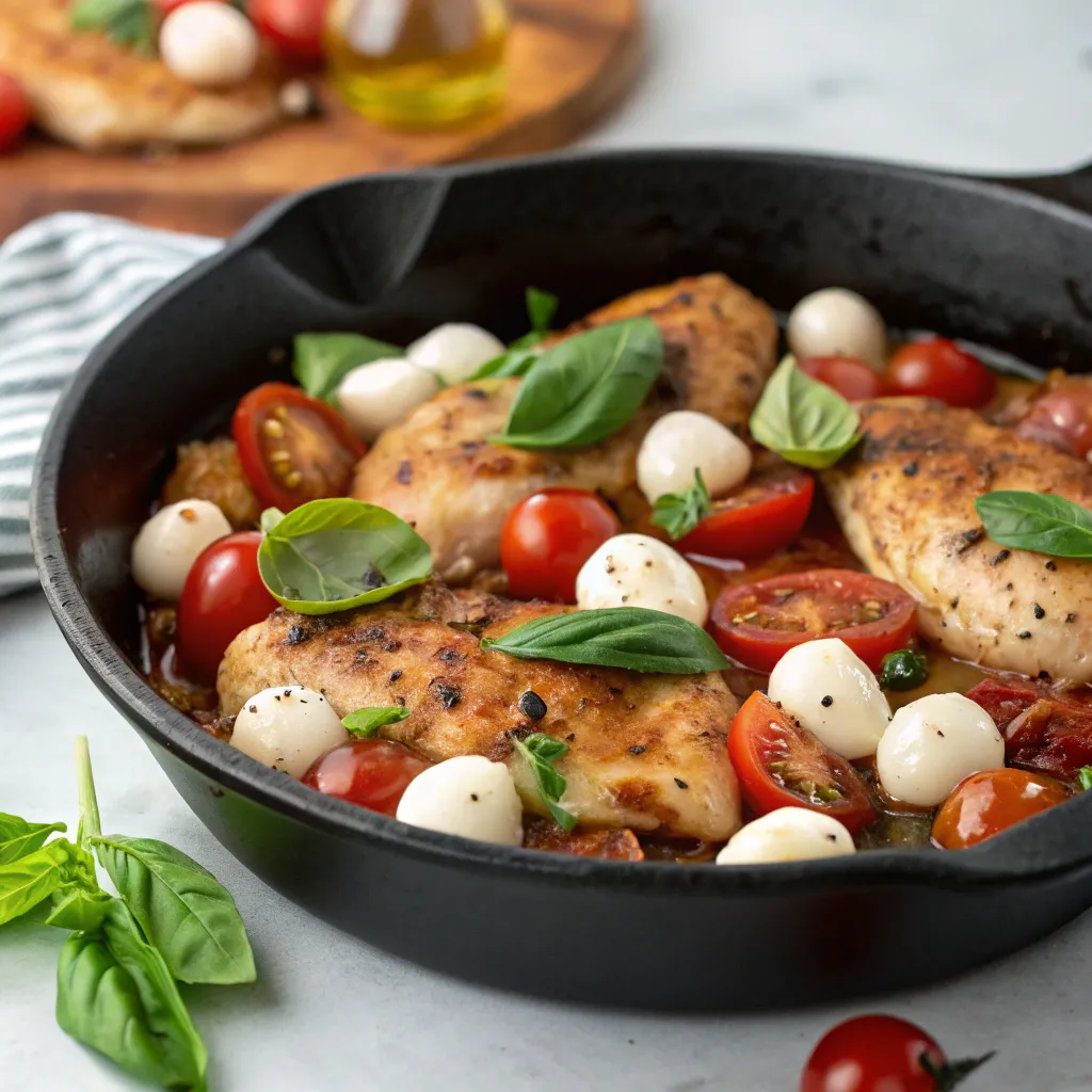 A cast iron skillet filled with Caprese chicken, cherry tomatoes, mozzarella, and parsley.