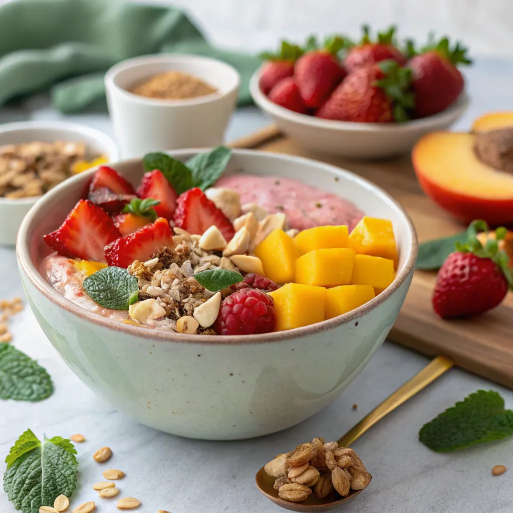 A 1300-calorie gluten-free meal featuring a pink smoothie bowl topped with kiwi, raspberries, and oats.