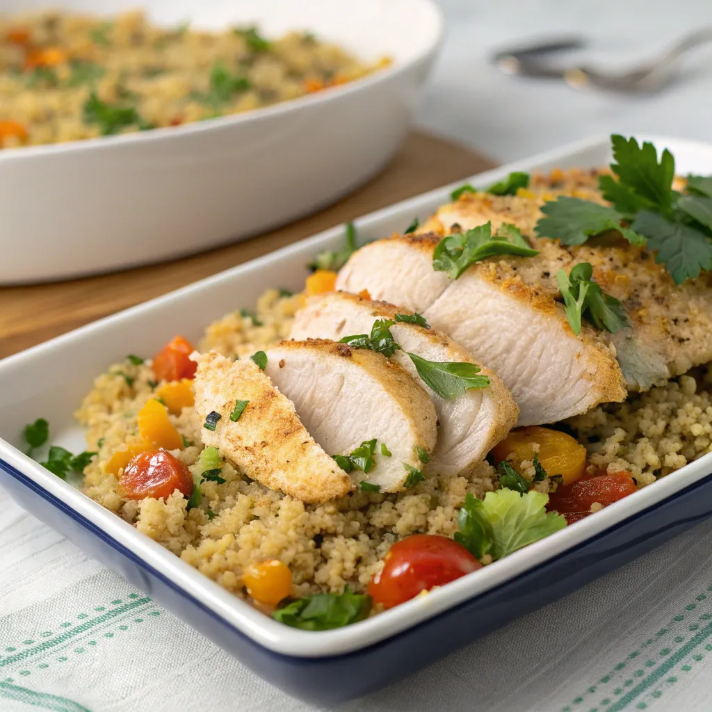 Grilled chicken breast served over quinoa with lemon slices.