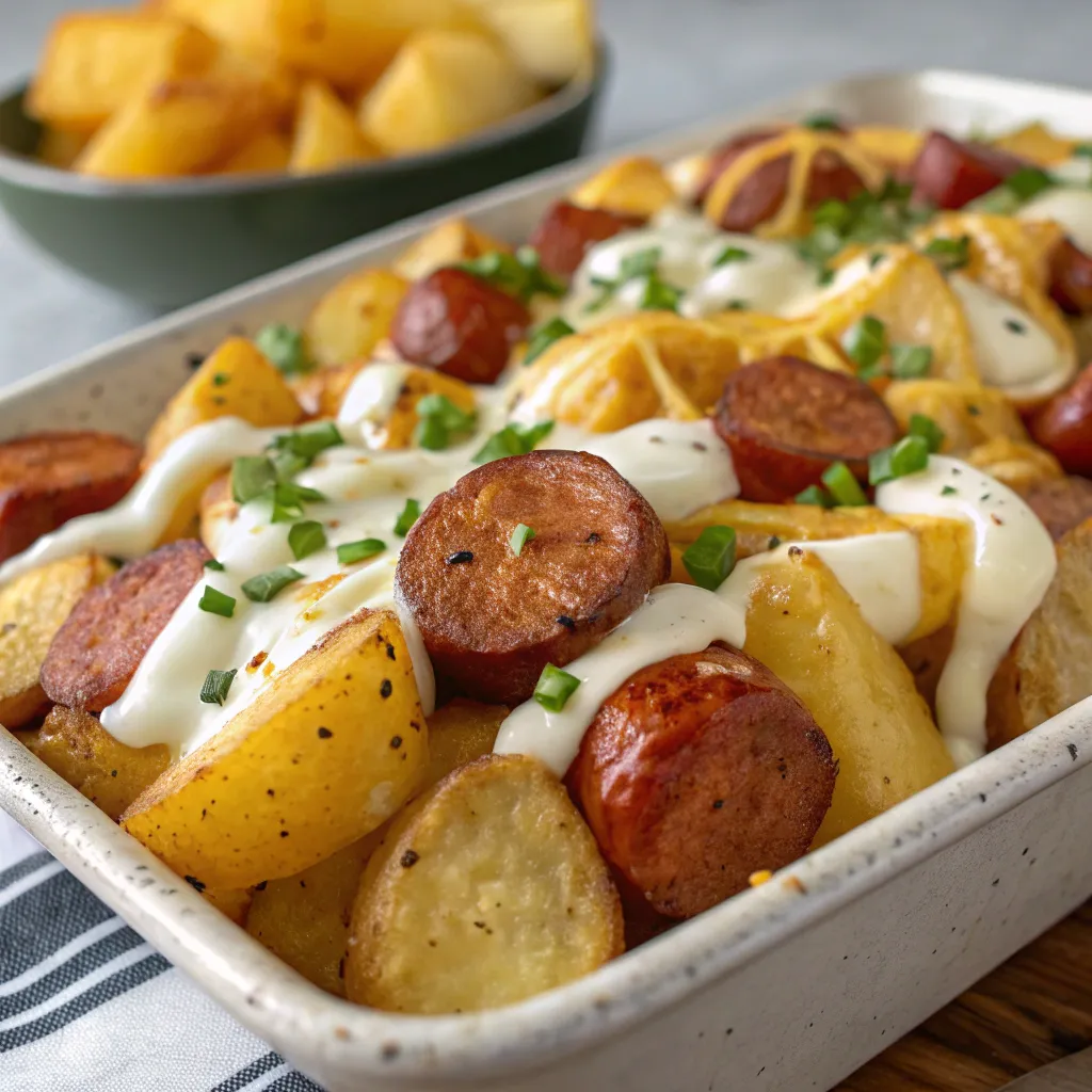 Close-up of cheesy ranch potatoes and smoked sausage in a bowl.