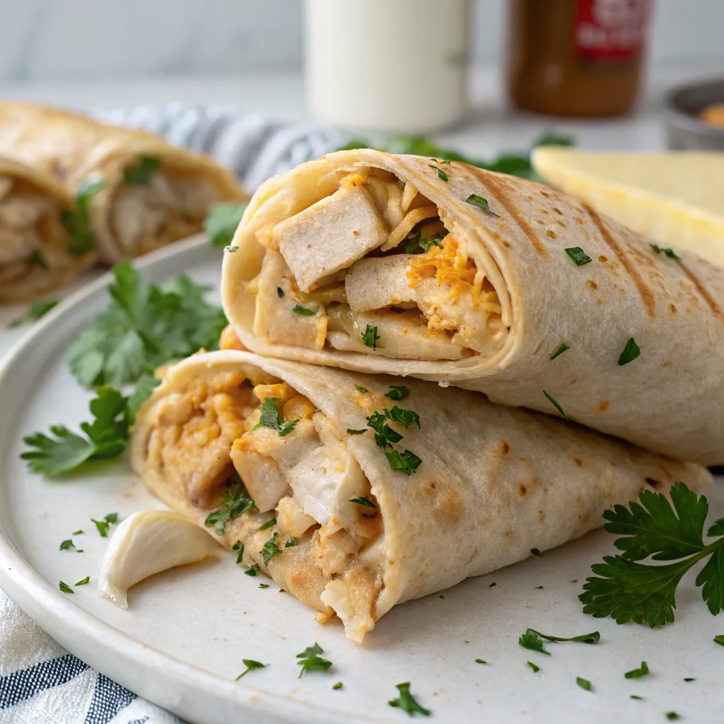 Close-up of two cheesy chicken garlic wraps, showing melted cheese and creamy sauce.